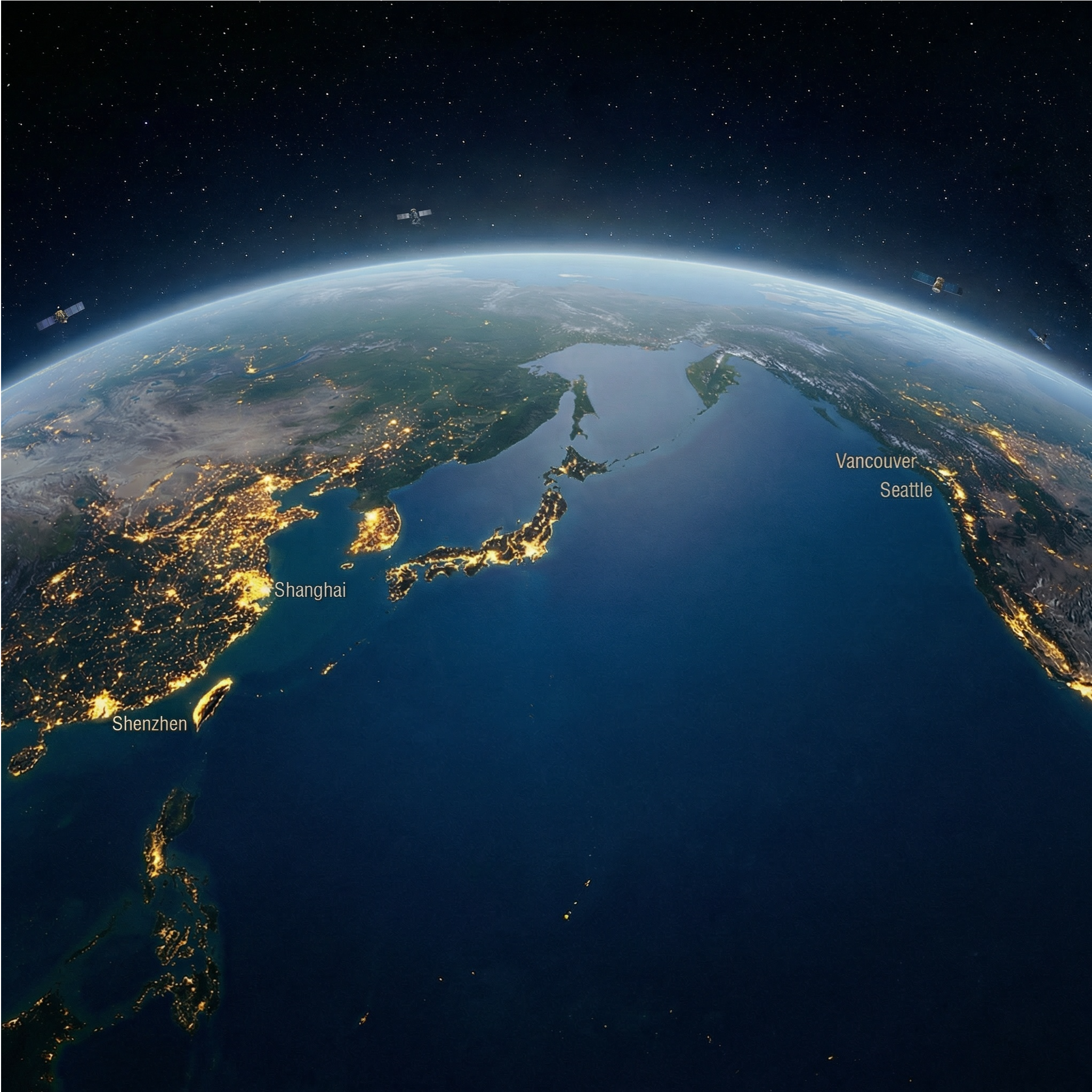 Global presence map showing Shanghai, Shenzhen, Seattle, and Vancouver